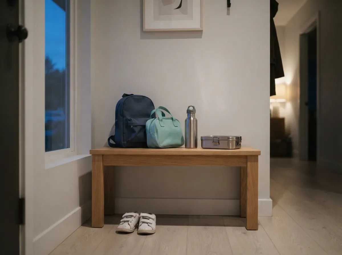Evening by the front door: a school backpack, a daycare bag, a water bottle and a lunchbox ready on a bench.