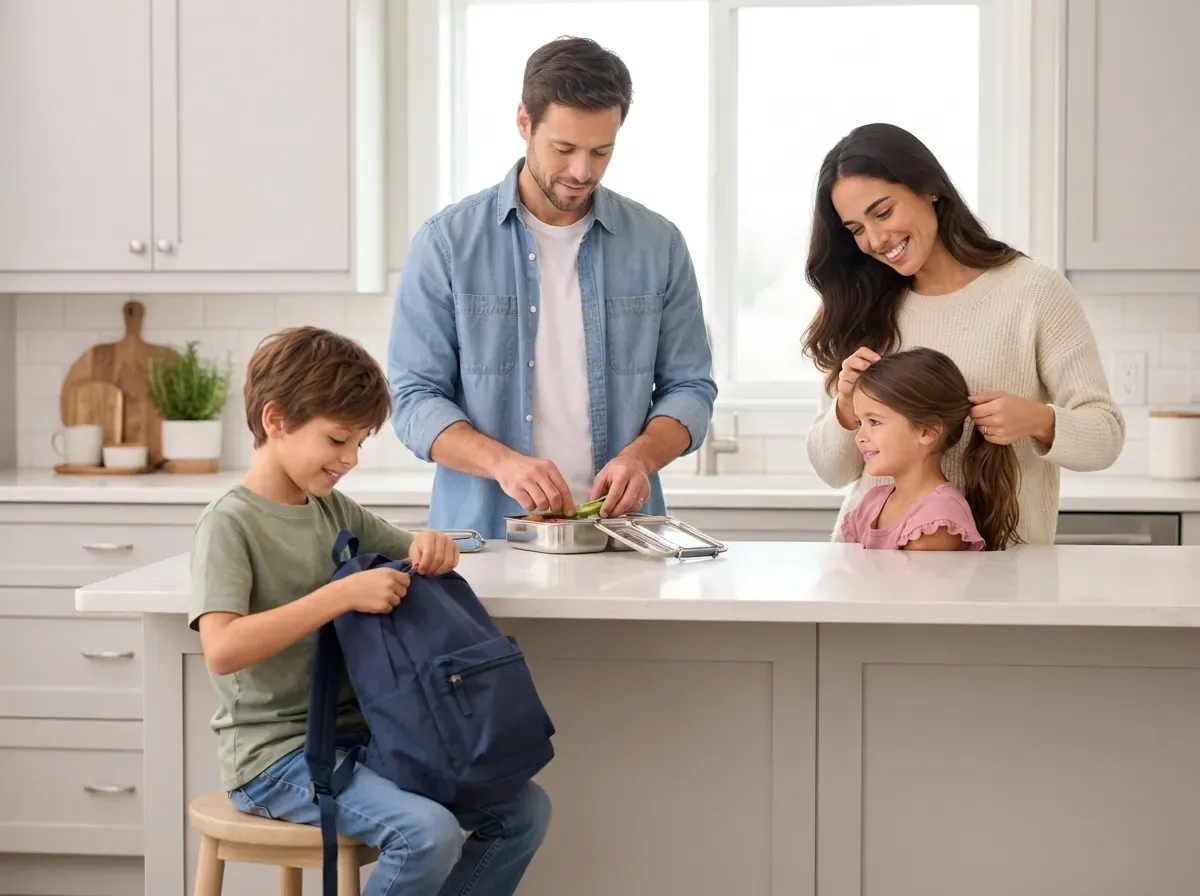 A family getting ready on a weekday morning: the father packs a lunchbox, the mother ties her daughter’s hair and the son zips up his school bag.