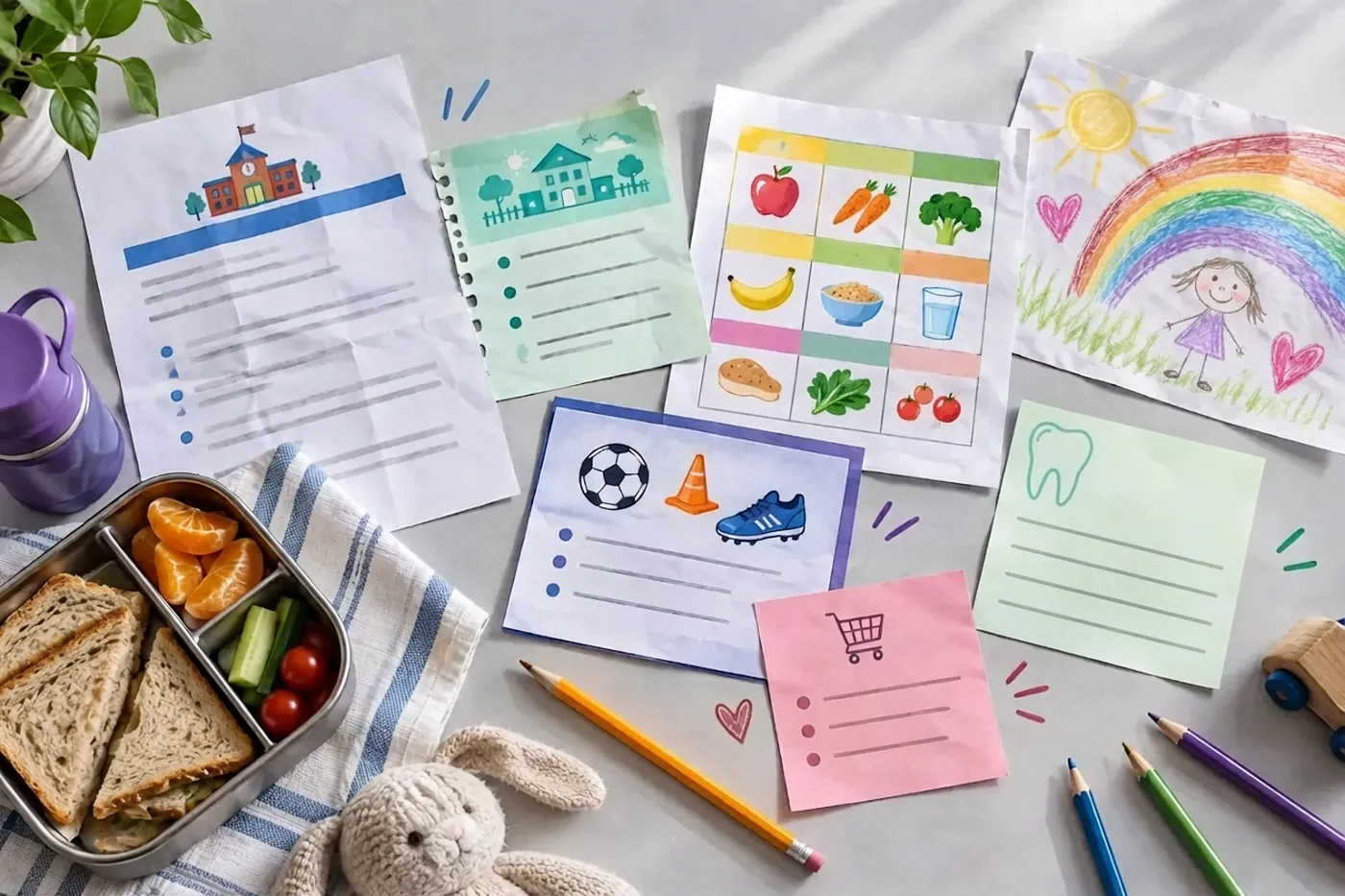 A table covered in a family’s paperwork: a school notice, a daycare update, a meal chart, a football coaching card, a clinic card, a pink shopping list and a child’s drawing, beside a lunchbox.